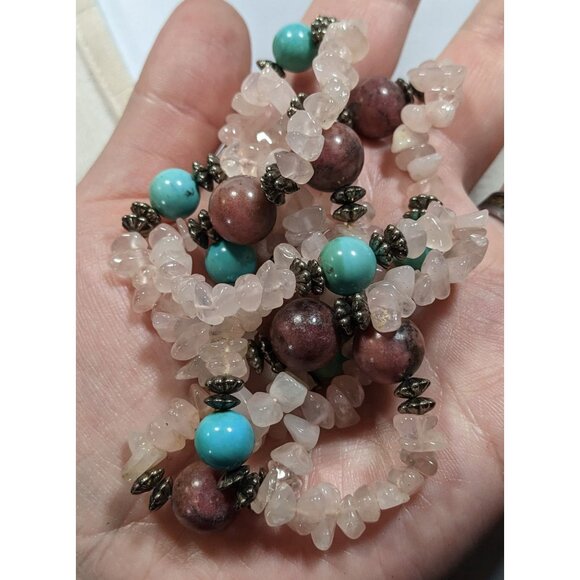 Vintage Handmade Rose Quartz Turquoise And Agate Beaded Necklace - Picture 3 of 4